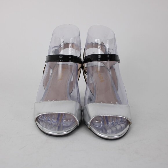 Prada Wedge Heel Sz 35.5 Silver Black Ankle Strap Adjustable Leather 2.5" Heel - Picture 3 of 12